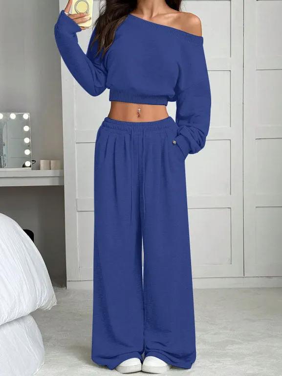 Women's Fashion Slim-fit Off-the-shoulder Navel Solid Color Casual Pants Suit by Maiden-Art