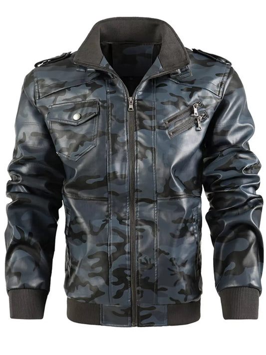Men's Full Size Zip Up Camouflage Faux Leather Jacket Plus Size by Partner Label