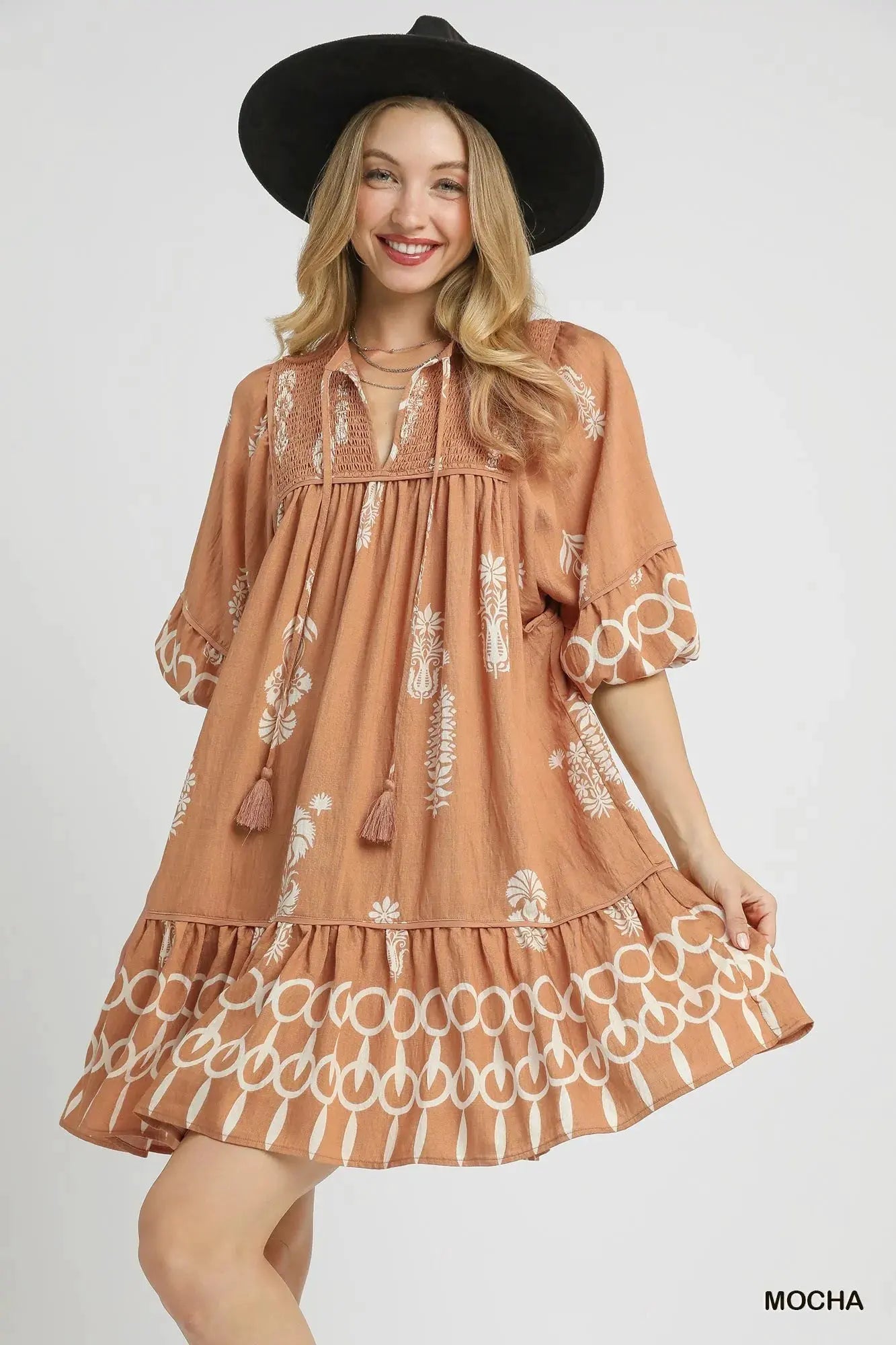 Umgee Boarder Print Tassel Tie Neck Mini Dress by Umgee