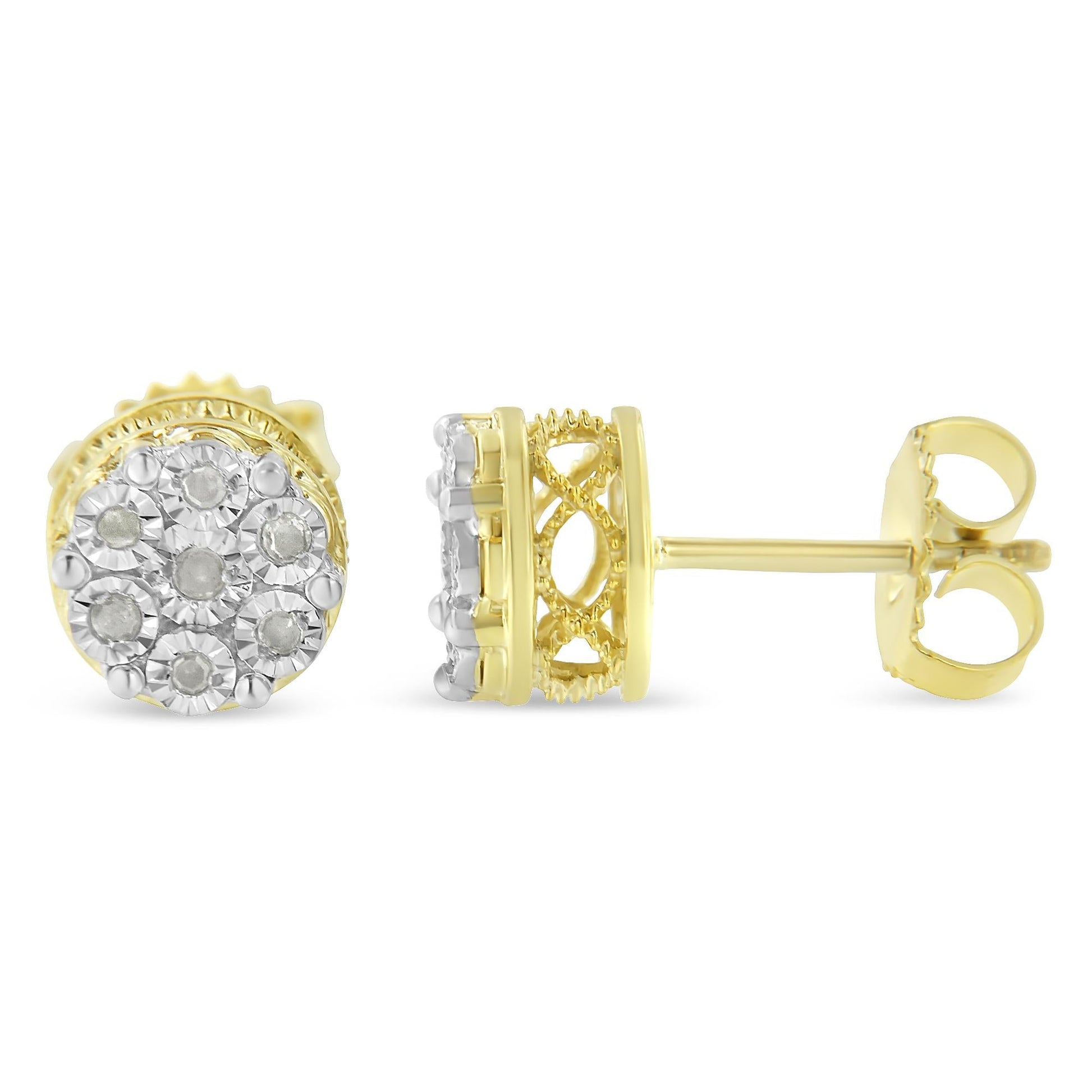 10K Yellow Gold over .925 Sterling Silver 1/7 Cttw Rose-Cut Miracle-Set Diamond Floral Cluster Button Stud Earrings (I-J Color, I3 Clarity)-1