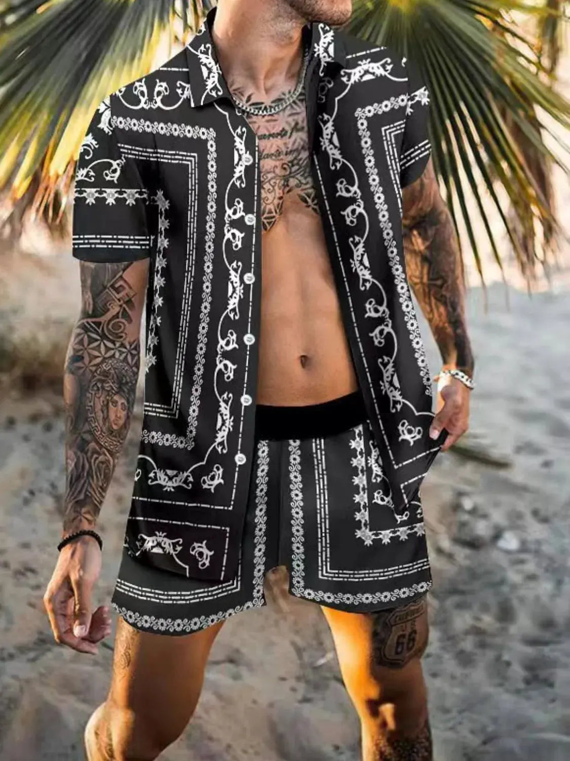 Men's Full Size Printed Collared Neck Short Sleeve Top and Shorts Set Plus Size by Trendsi
