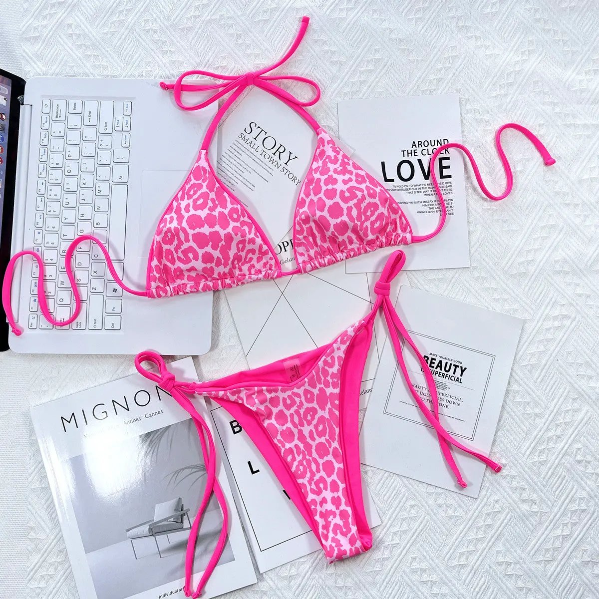Leopard Print Halter Neck Tie Side Bikini Set by Partner Label