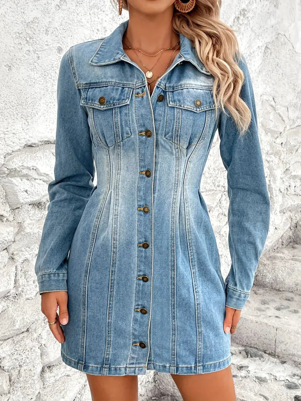 Pocketed Button Up Long Sleeve Denim Dress by Partner Label