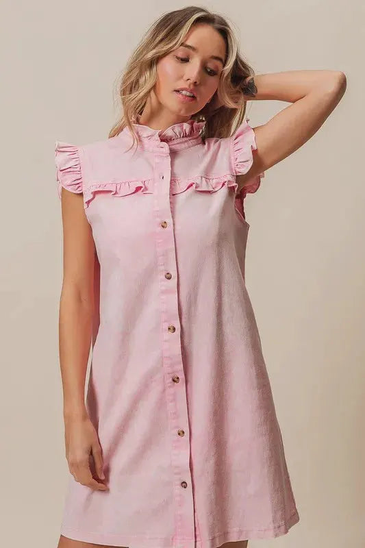 BiBi Washed Button Down Ruffled Cap Sleeve Denim Dress by Partner Label
