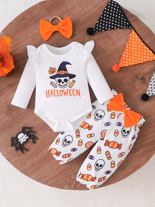 Children's Halloween Skull Print Long Sleeve Bodysuit and Pants Set with Bow Headband by Trendsi
