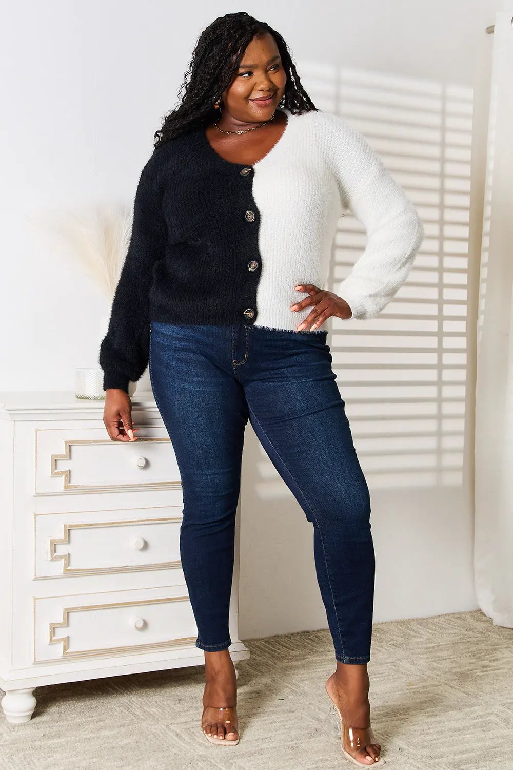 Angel Wings Woven Right Contrast Button-Front V-Neck Cardigan by Angel Wings