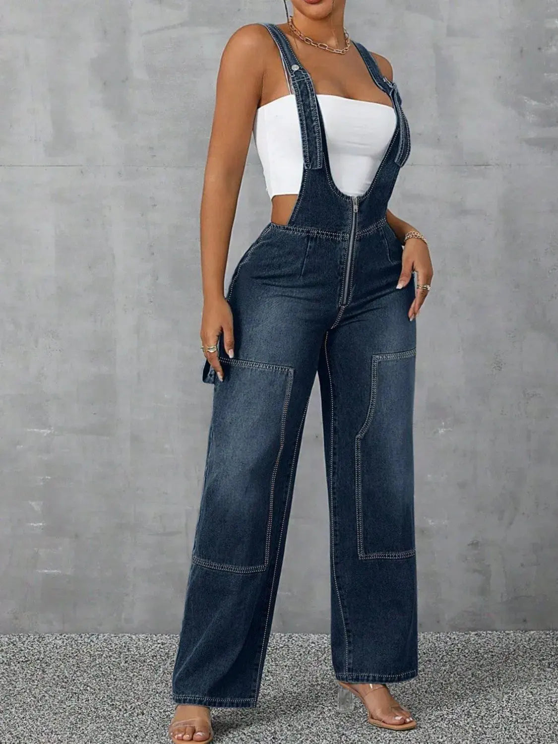 Zip Front Wide Strap Denim Overalls by Partner Labels