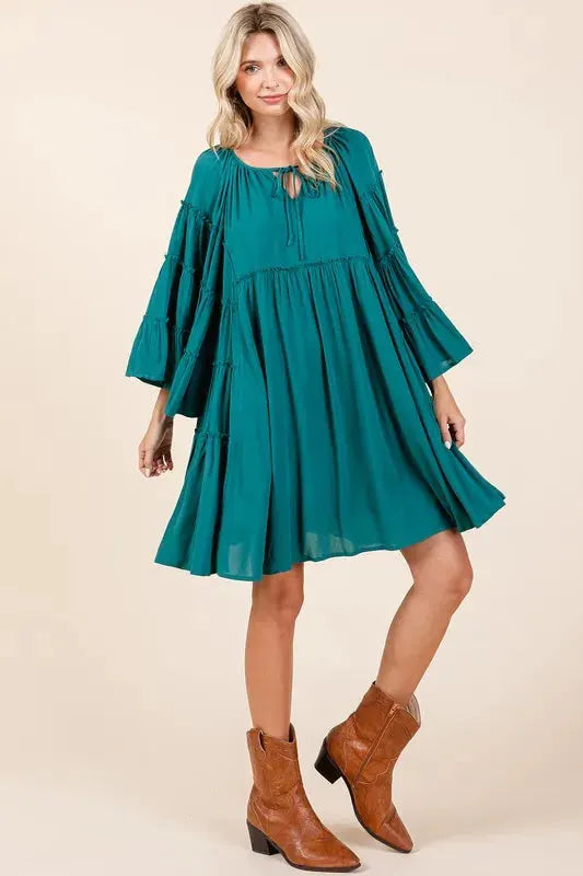 Mittoshop Frill Tie Neck Bell Sleeve Dress by Mittoshop