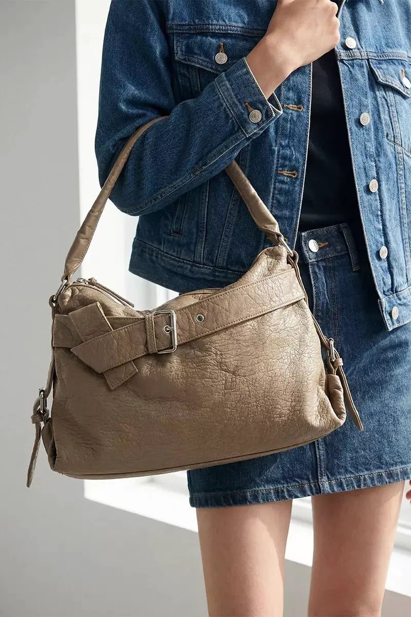 Fame Buckle Strap Detail Leather Handbag by Partner Label
