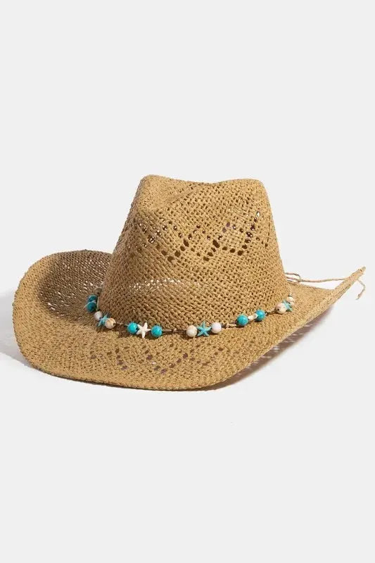 Fame Turquoise and Shell Star Beads Strap Western Straw Hat by Fame