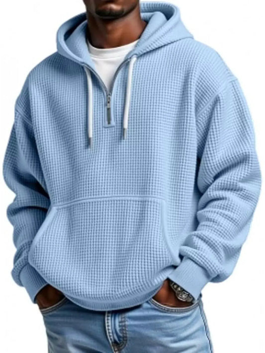 Men's Full Size Waffle Knit Quarter Zip Hoodie Plus Size by Trendsi