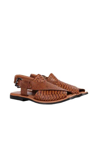 Eddie Men's Real Cow Leather Snake Print Peshawari Chappal Tan by Inland Leather