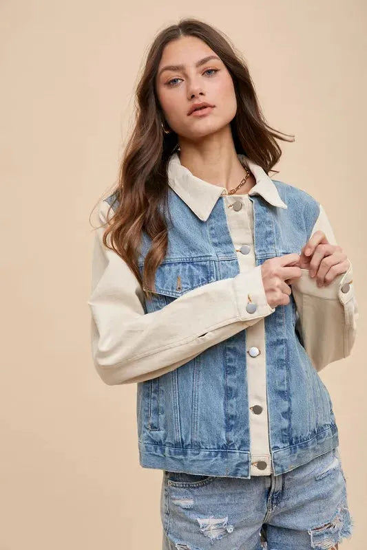 Annie Wear Collared Neck Double Placket Denim Jacket by Annie Wear