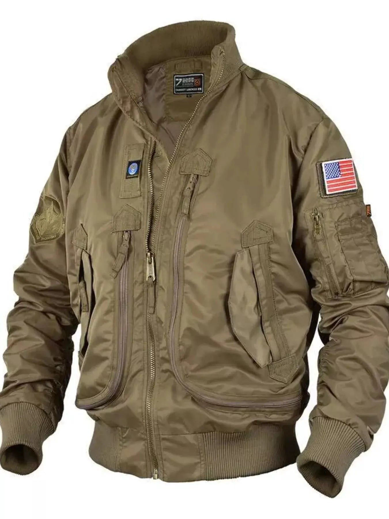 Men's Plus Size Zip Up Bomber Jacket with Multiple Pockets by Partner Label