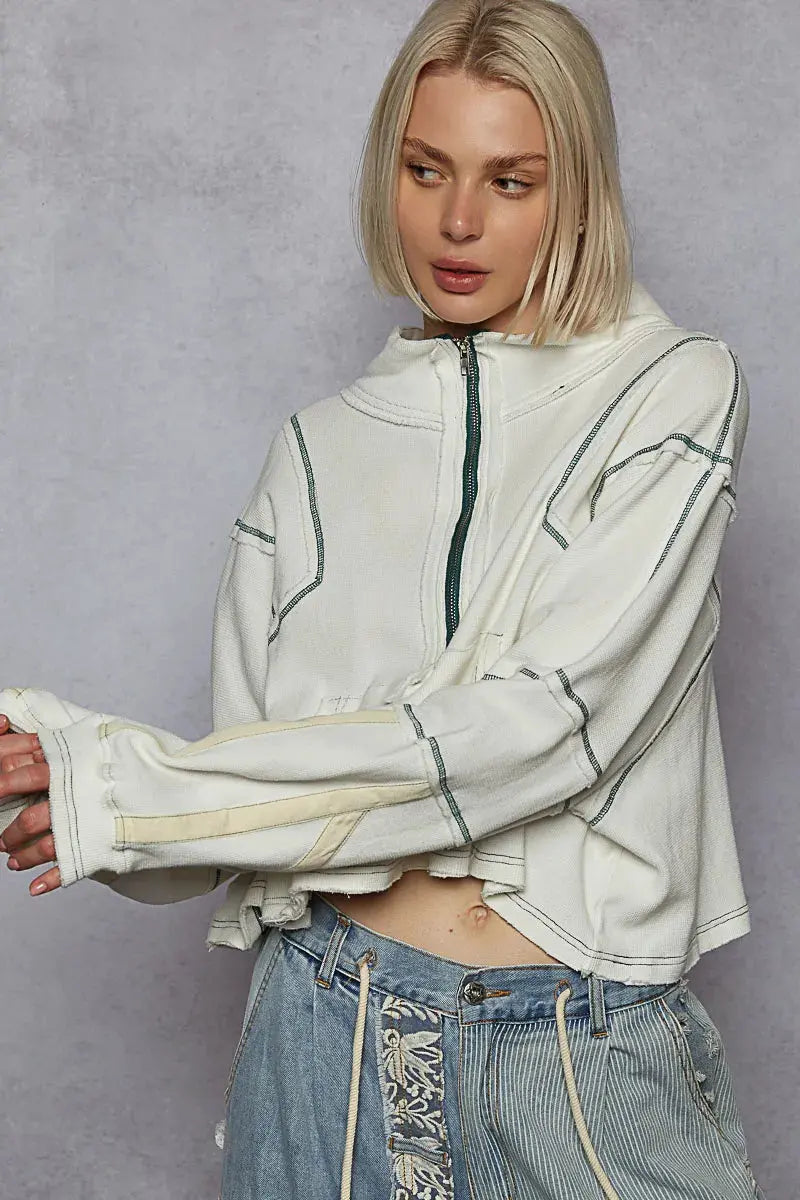 POL Contrast Stitching Zip Front Sweatshirt by POL