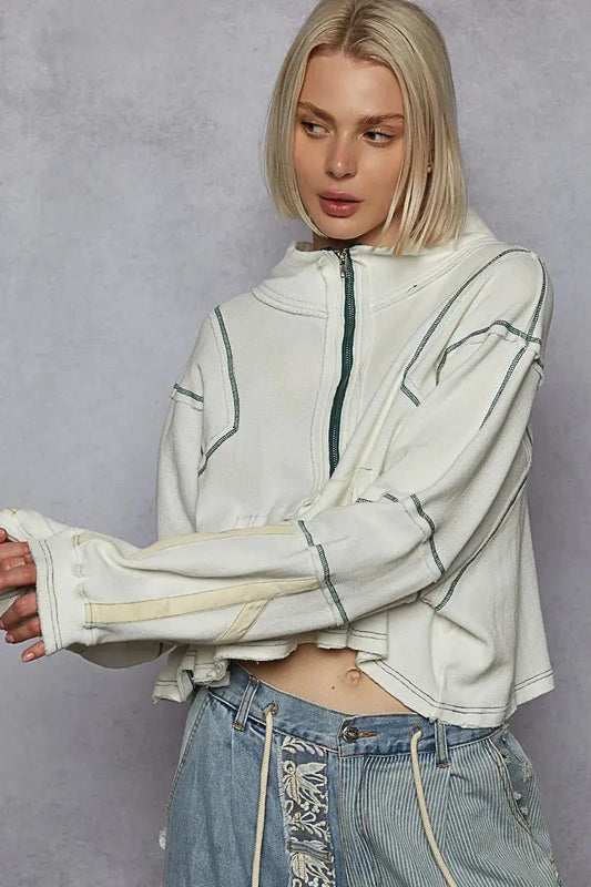 POL Contrast Stitching Zip Front Sweatshirt by POL