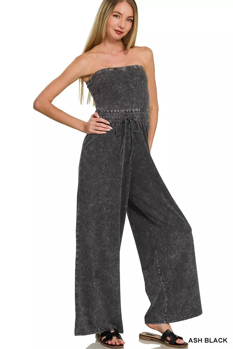Zenana Acid Washed Strapless Tube Top Jumpsuit by Zenana