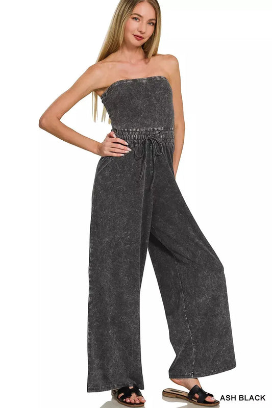 Zenana Acid Washed Strapless Tube Top Jumpsuit by Zenana