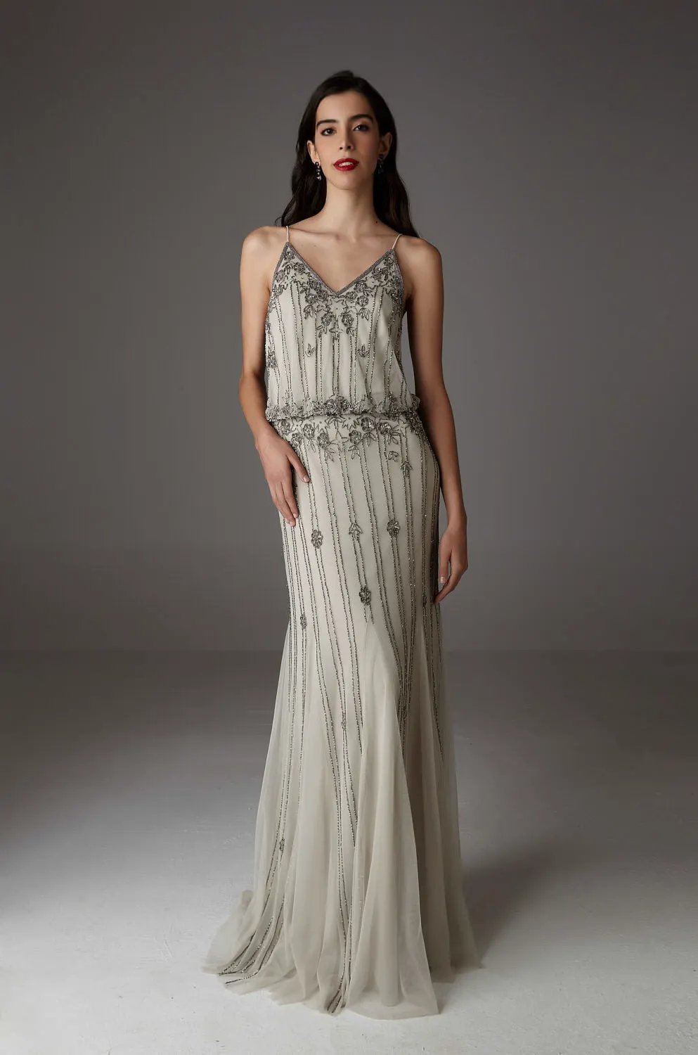 Carla Maxi Hand Embroidered Gown in Soft Silver Tone Made in Spain by Ceylan Bcn