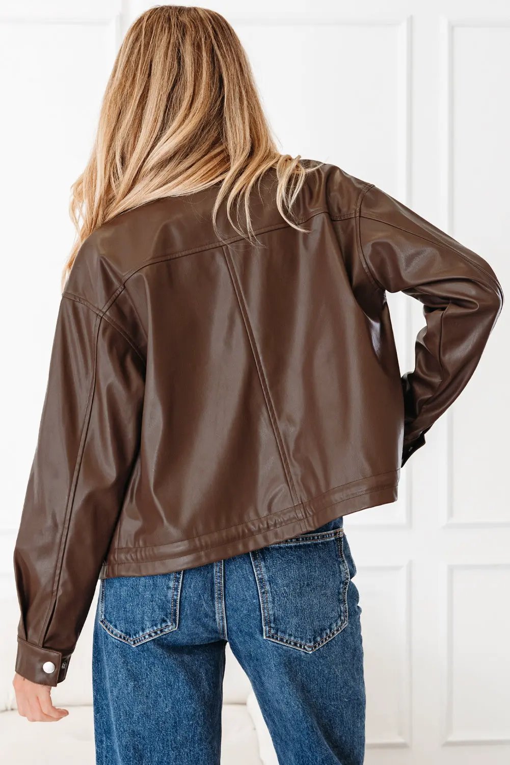 Faux Leather Drawstring Hem Jacket Women Utility Pocket Relaxed Fit by Inland Leather