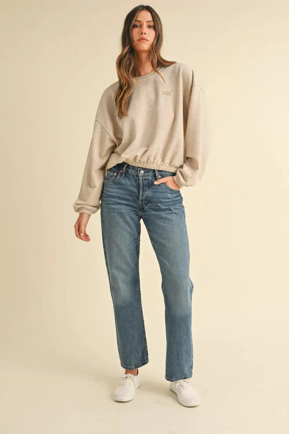 Mable Round Neck Letter Embroidery Crop Sweatshirt by MABLE