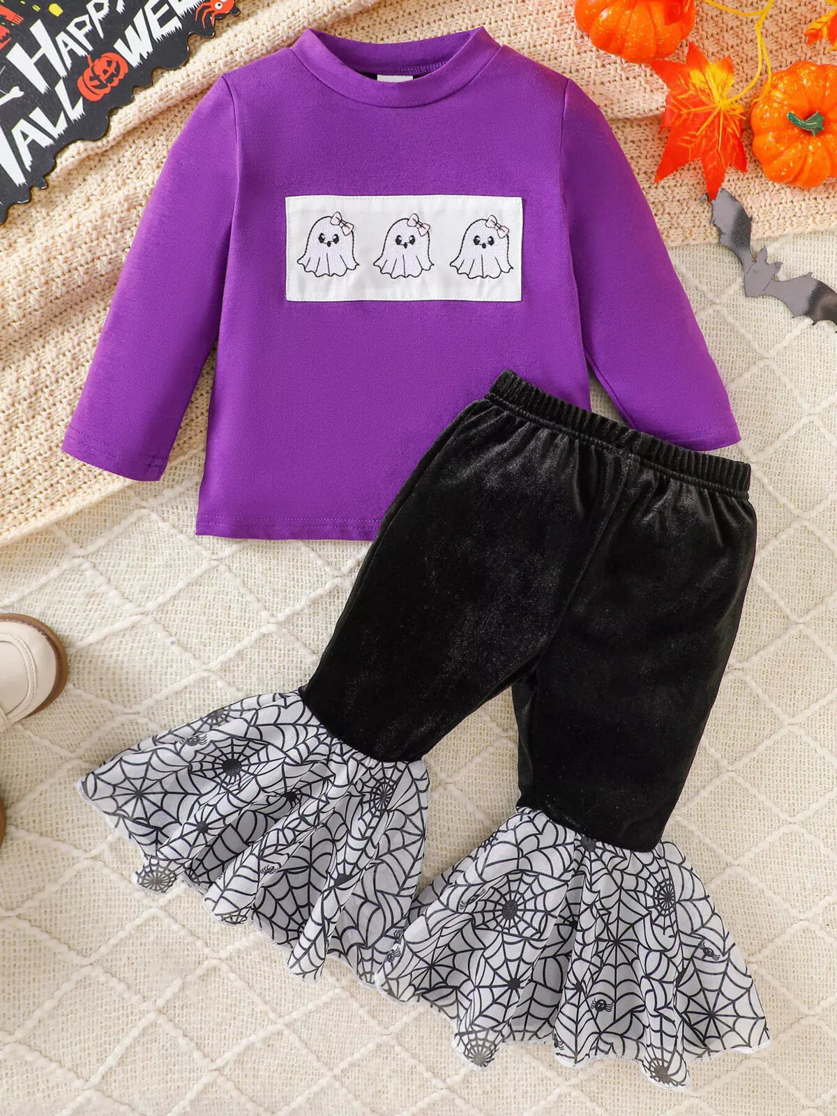 Children's Halloween Pumpkin Long Sleeve Top and Spiderweb Bell Bottom Set by Trendsi