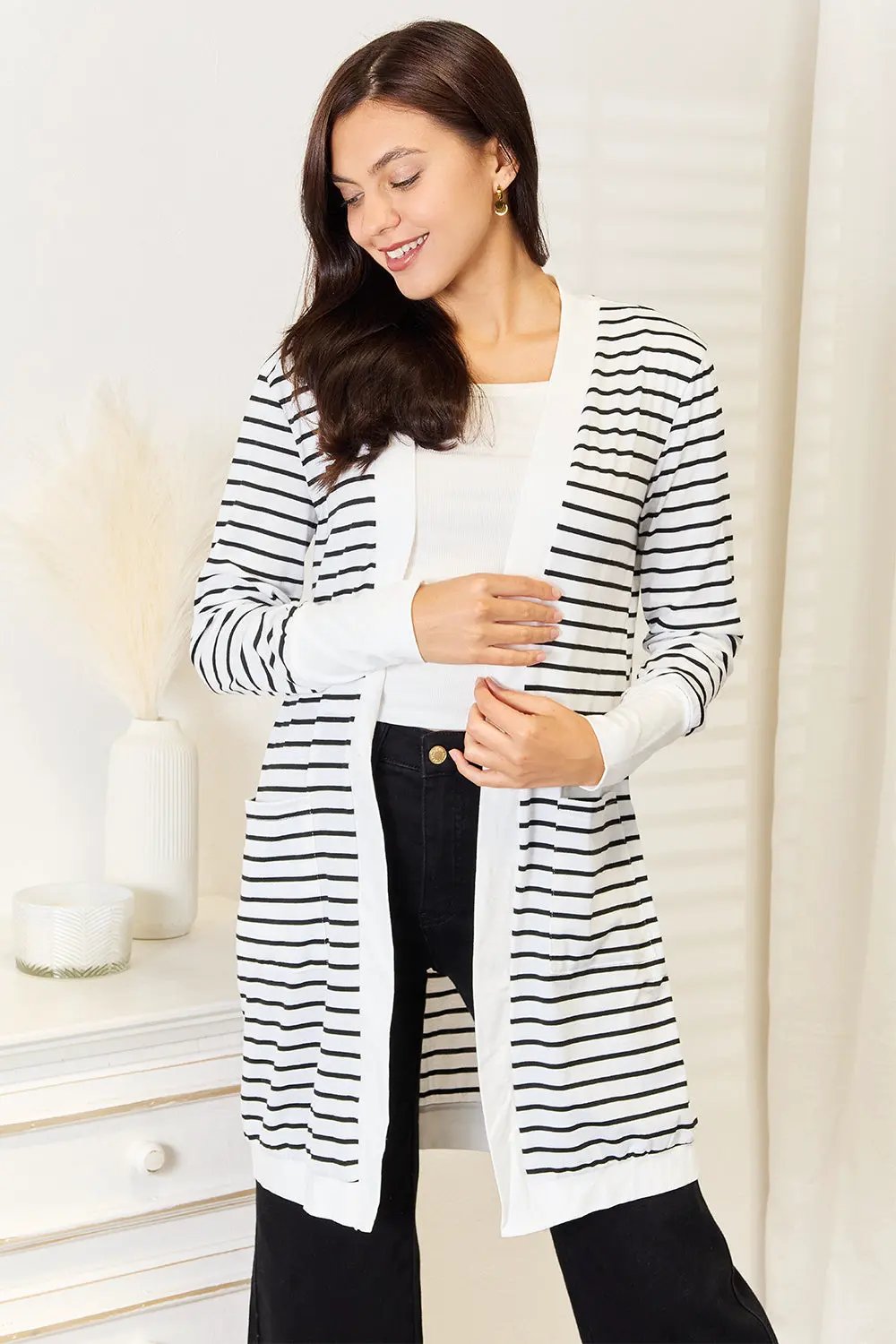Double Take Striped Open Front Longline Cardigan by Double Take