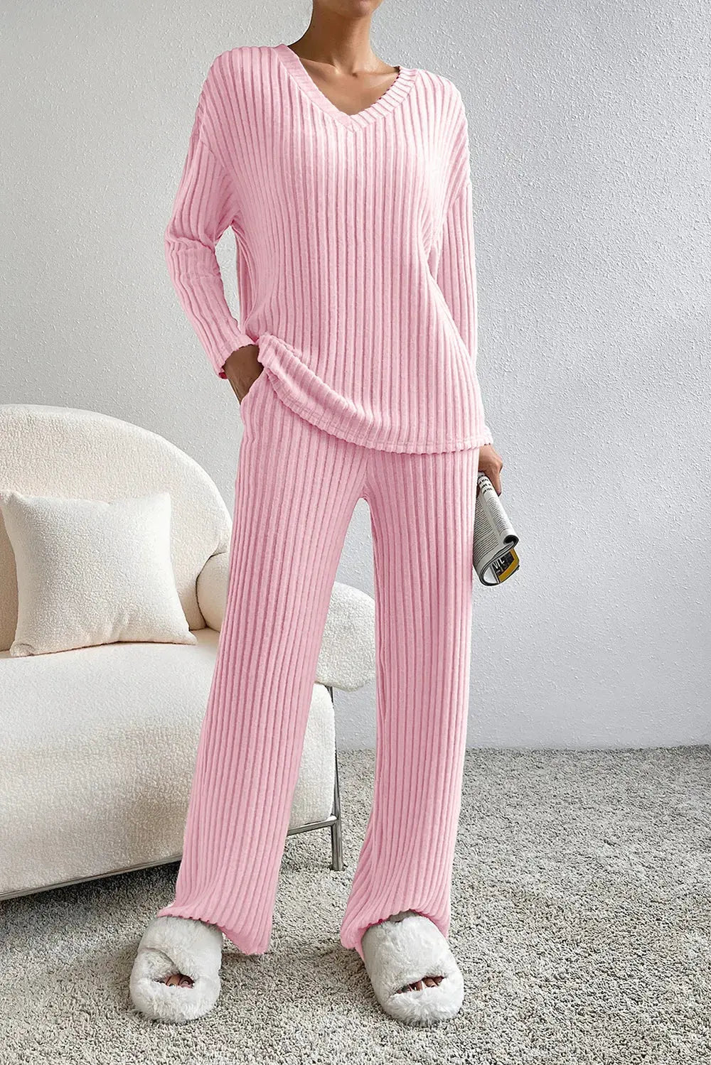 Ribbed V-Neck Top and Pants Lounge Set by Partner Label