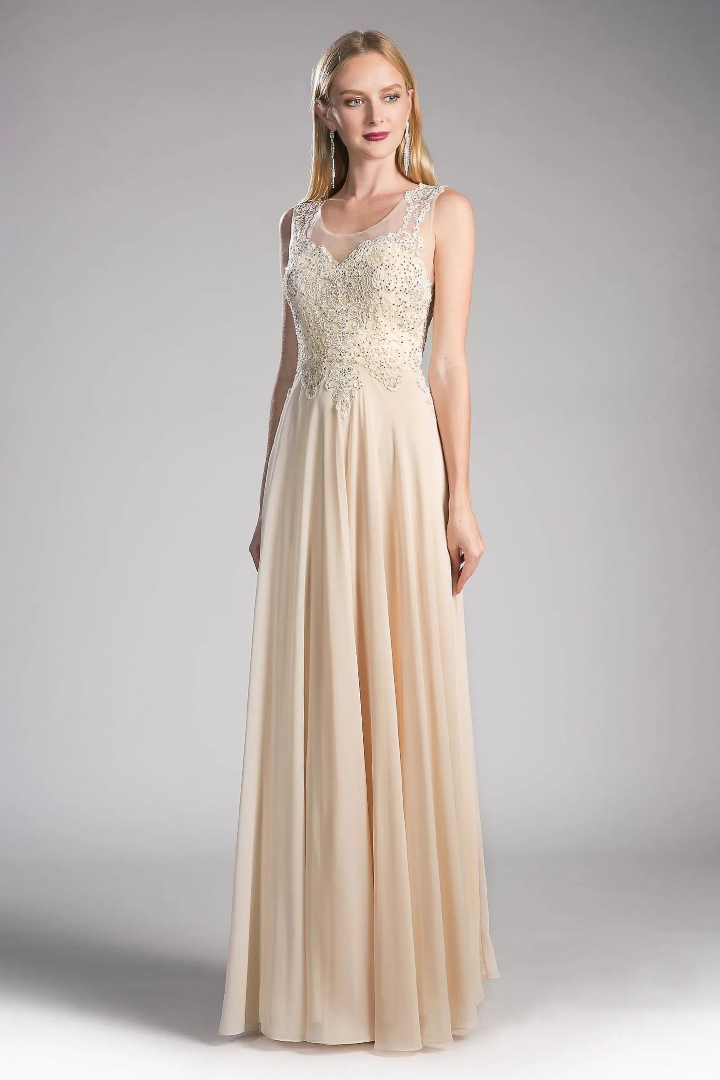 A-Line Chiffon Gown With Lace Embellished Bodice. by Tux-USA