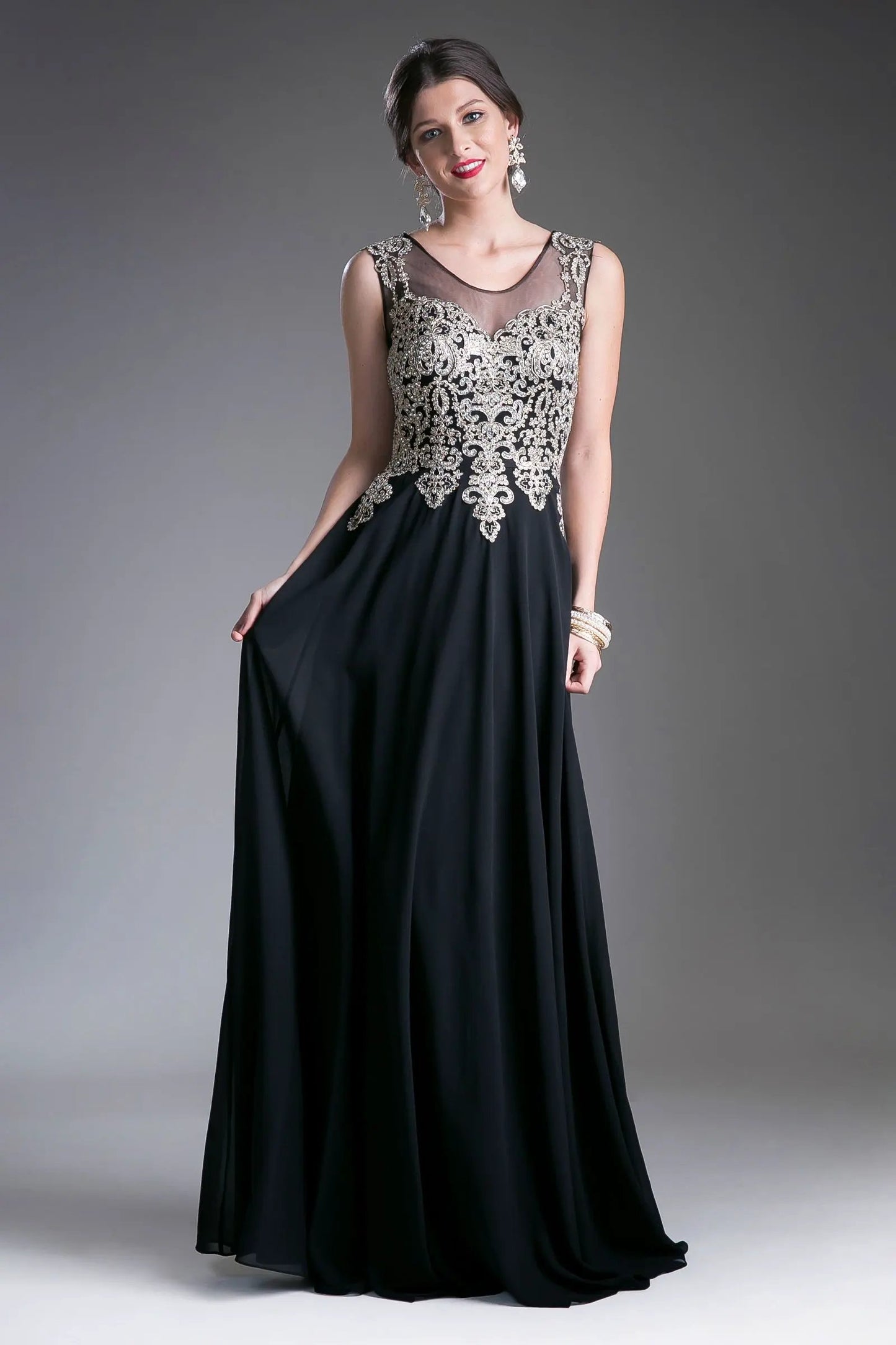 A-Line Chiffon Gown With Lace Embellished Bodice. by Tux-USA
