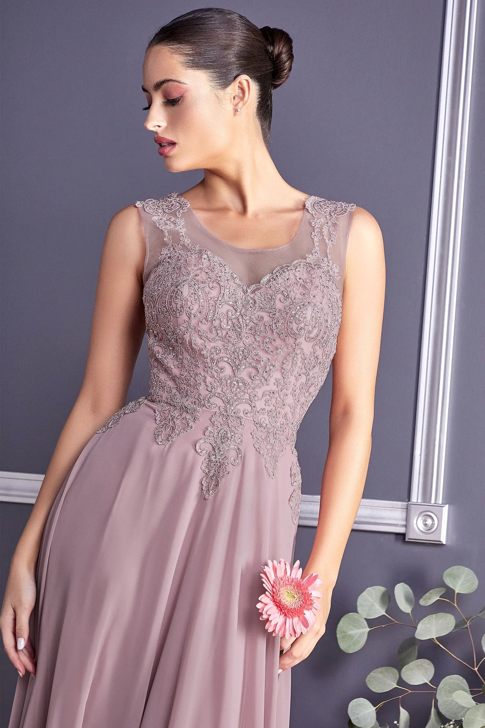 A-Line Chiffon Gown With Lace Embellished Bodice. by Tux-USA