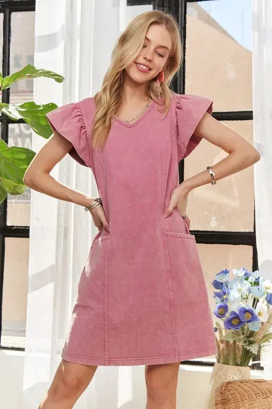 ADORA Mineral Washed V-Neck Ruffled Cap Sleeve Dress by Partner Label