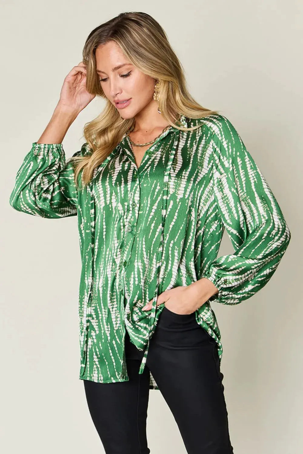 Double Take Full Size Printed Button Up Long Sleeve Shirt by Double Take