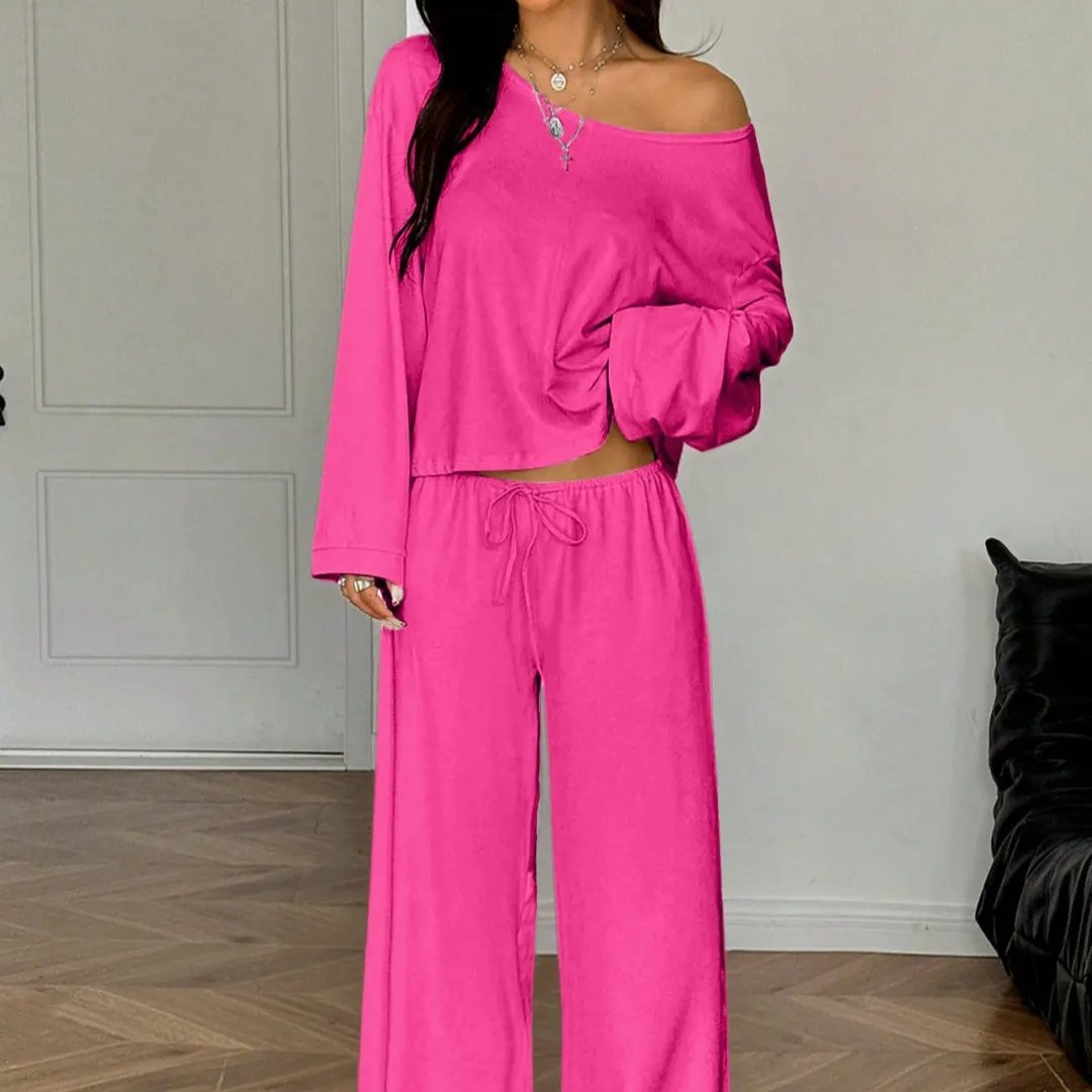 Womens Solid-Color Casual Off-the-Shoulder Long-Sleeve Pants by Maiden-Art