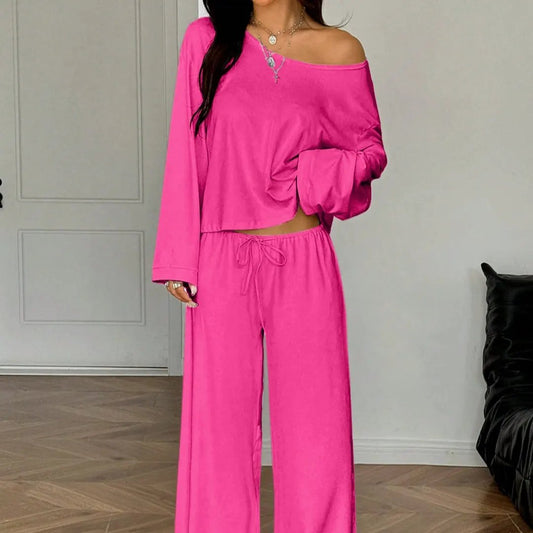 Womens Solid-Color Casual Off-the-Shoulder Long-Sleeve Pants by Maiden-Art
