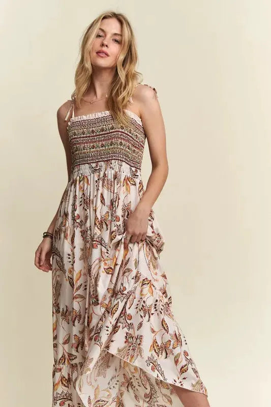 ADORA Smocked Printed Square Neck Tie Shoulder Cami Dress by Partner Label