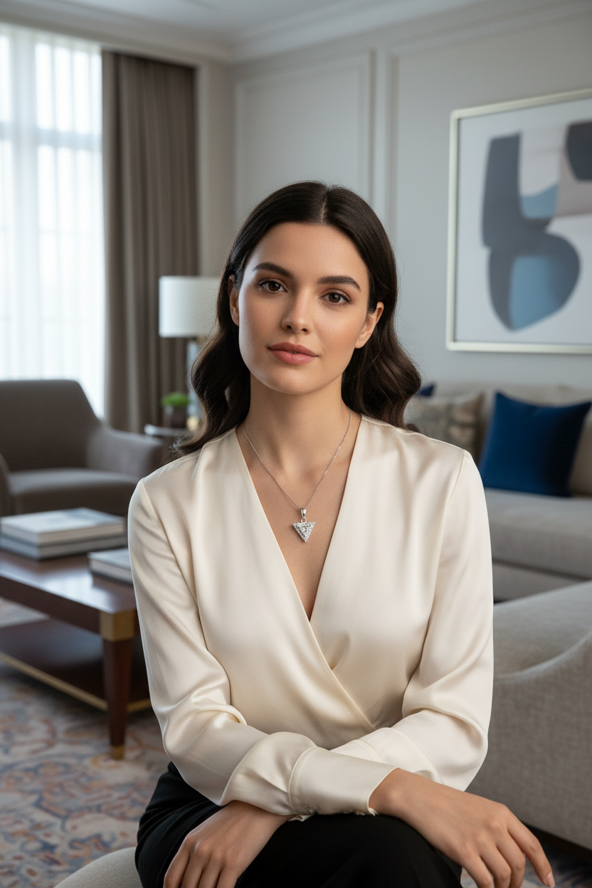 Woman in a white blouse sitting in a stylish living room.