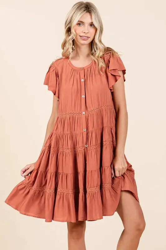 Mittoshop Lace Detail Ruffled Button Down Tiered Dress by Mittoshop