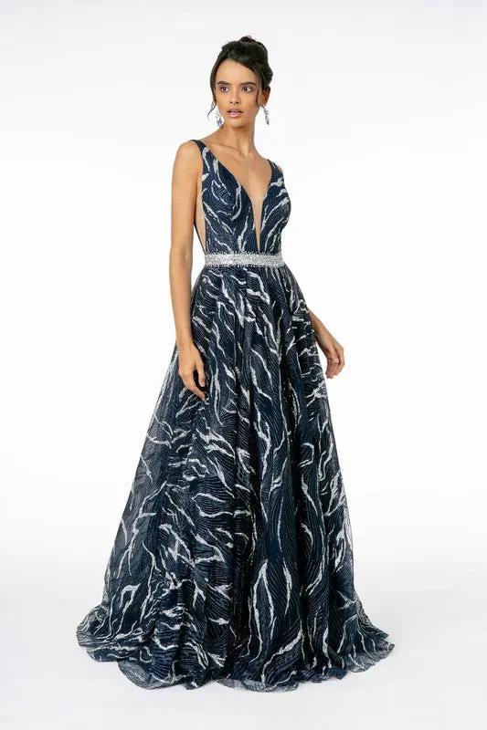 Jewel Accented Waist Glitter Long A-line Silhouette Dress from GLS by Gloria by Tux-USA