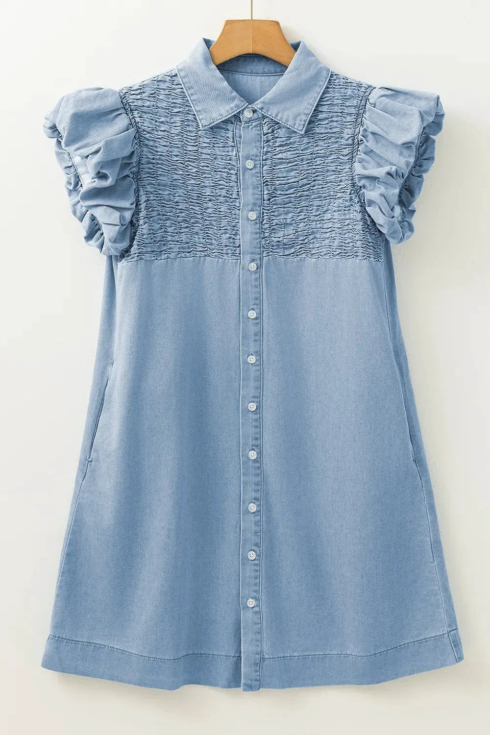 Smocked Collared Neck Cap Sleeve Denim Dress by Partner Label