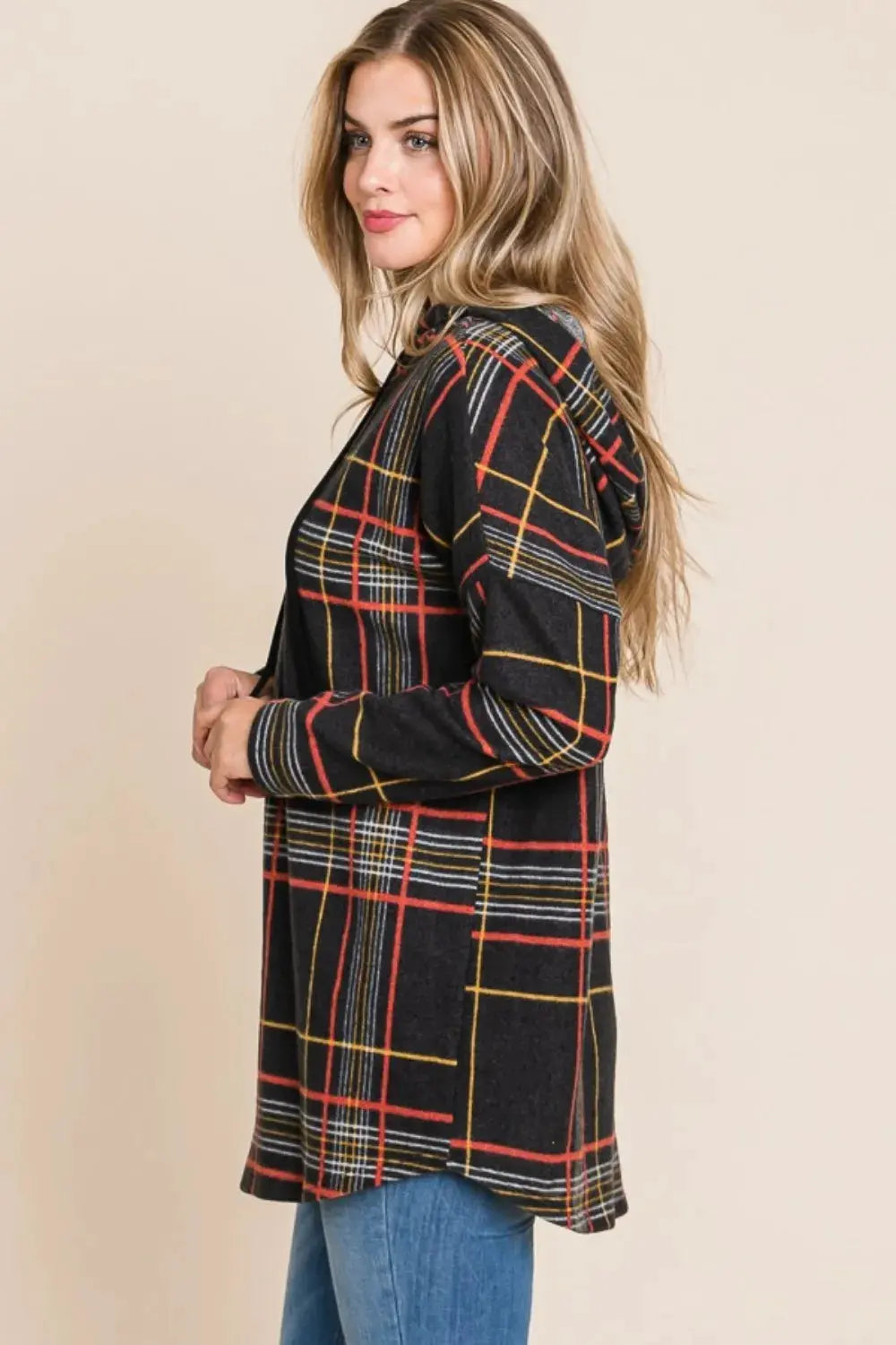 BOMBOM Drawstring Plaid Long Sleeve Hoodie by BOMBOM