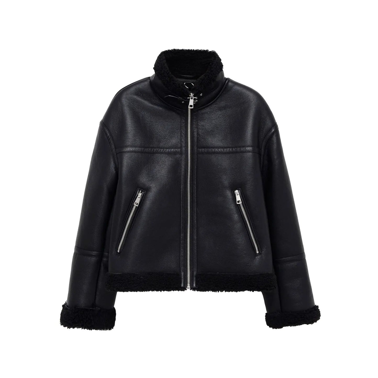 Women's Jacket Black Faux Leather Shearling BYMANYC ® New York SOHO BLACK AVIATOR BIKER - New Collection by BYMANYC ® New York