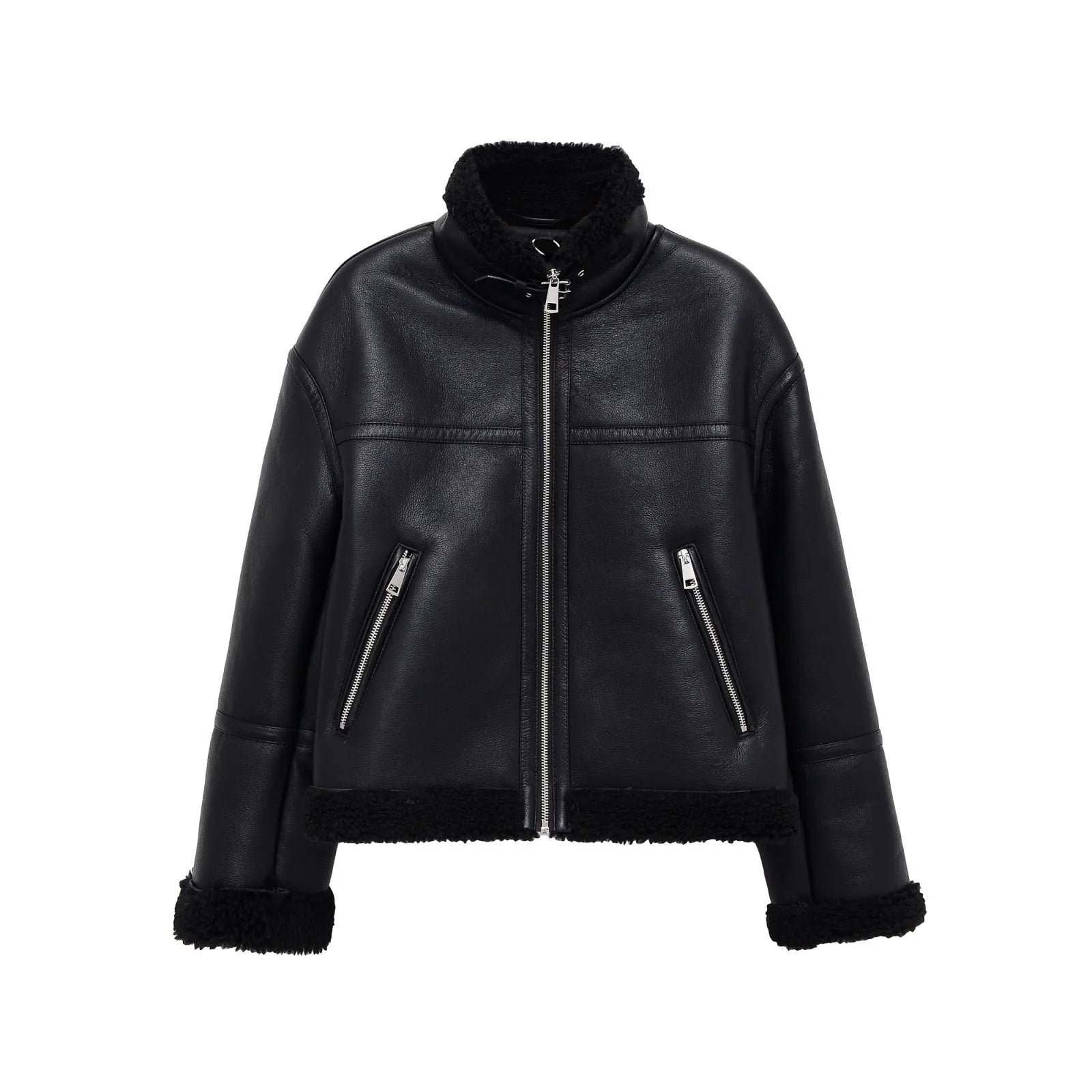 Women's Jacket Black Faux Leather Shearling BYMANYC ® New York SOHO BLACK AVIATOR BIKER - New Collection by BYMANYC ® New York