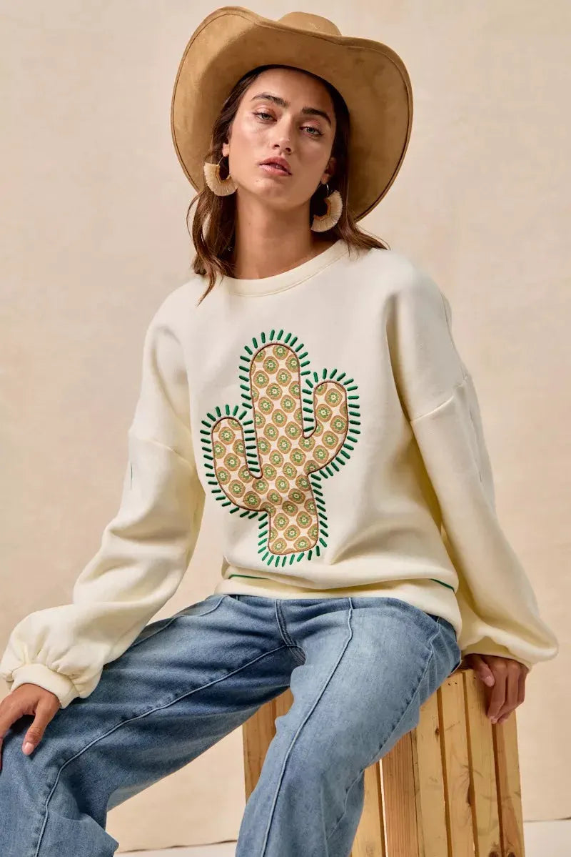 BiBi Cactus Embroidered Fleece Sweatshirt by BiBi