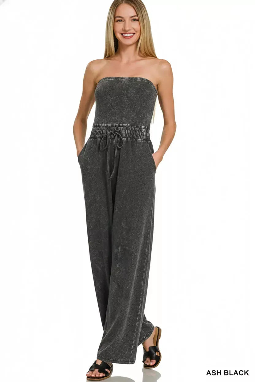 Zenana Acid Washed Strapless Tube Top Jumpsuit by Zenana