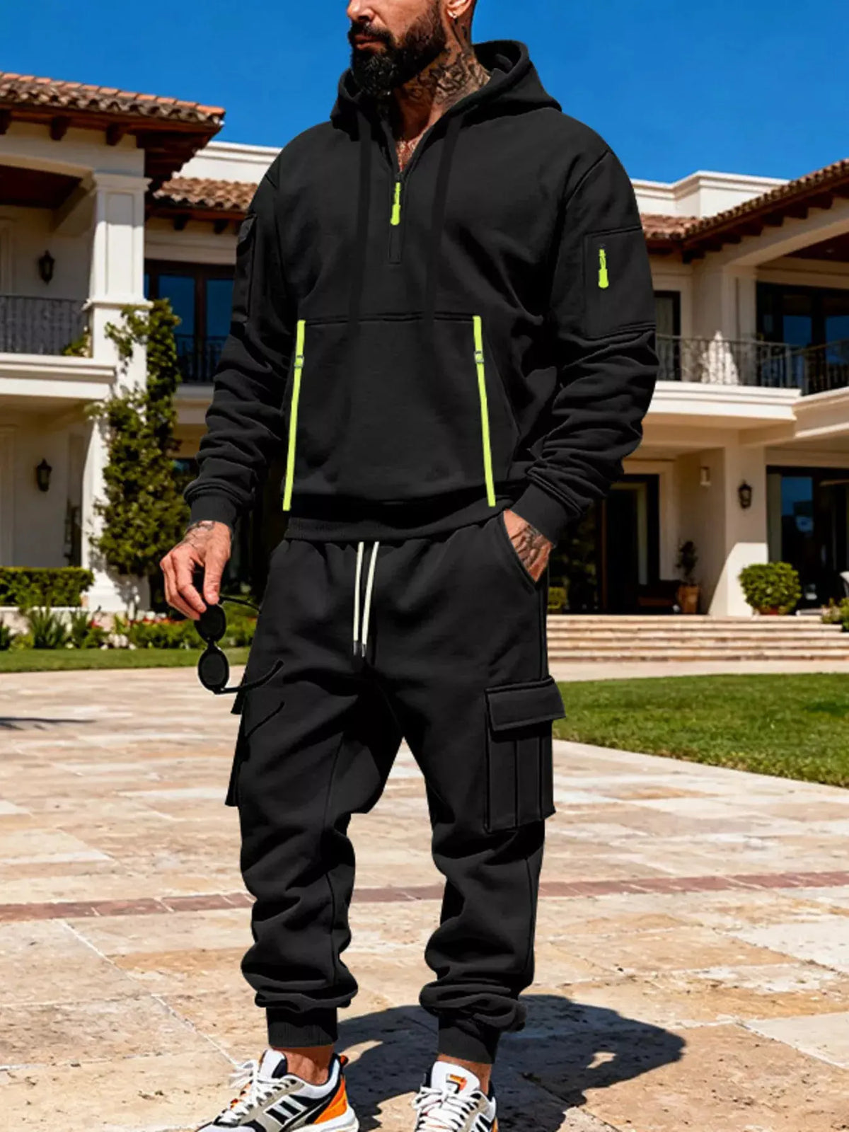 Men's Full Size Half Zip Hoodie and Cargo Pants Set Plus Size by Trendsi