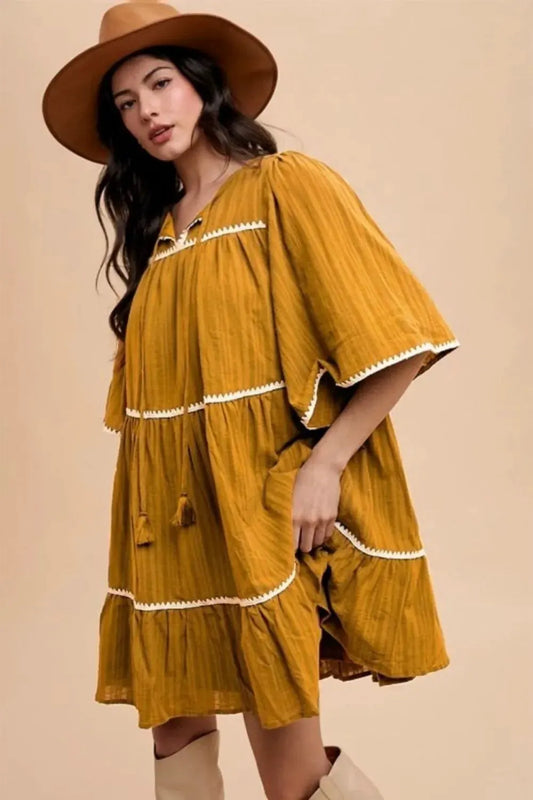 Annie Wear Tassel Contrast Trim Tie Neck Half Sleeve Tiered Dress by Annie Wear