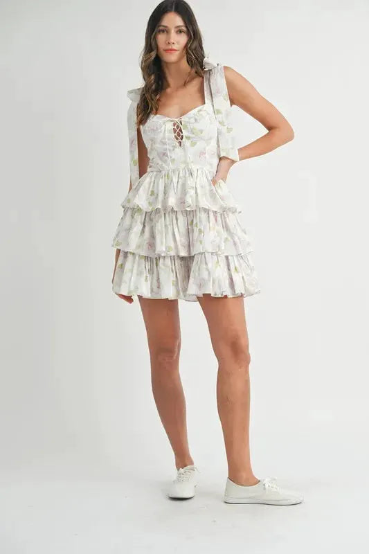 MABLE Floral Print Shoulder Tie Layered Mini Dress by MABLE