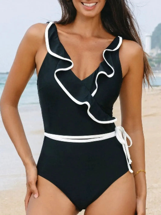 Ruffle Trim V-Neck One-Piece Swimsuit by Partner Label