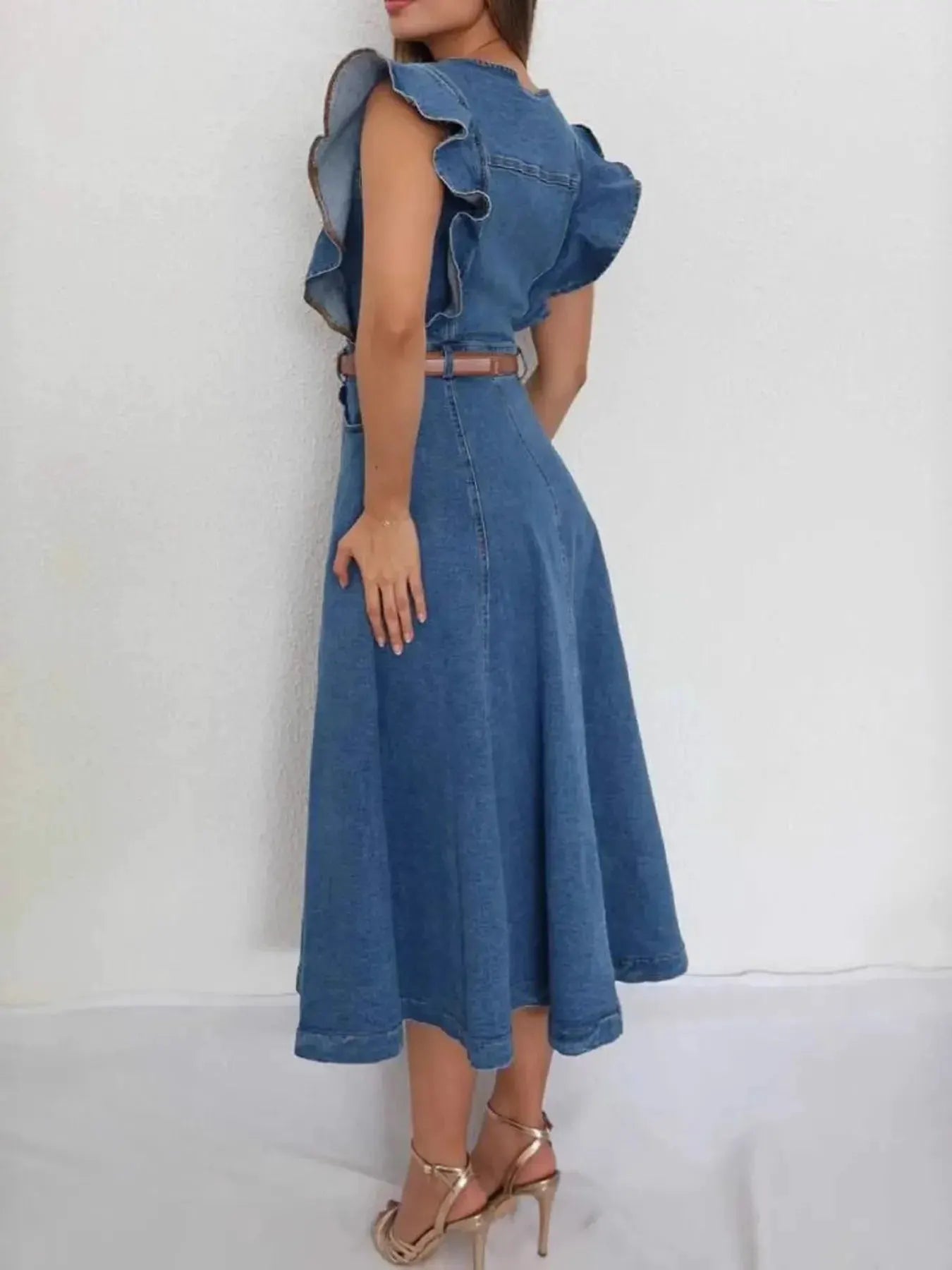 Button-Front Ruffle Sleeve Denim Midi Dress by Partner Label
